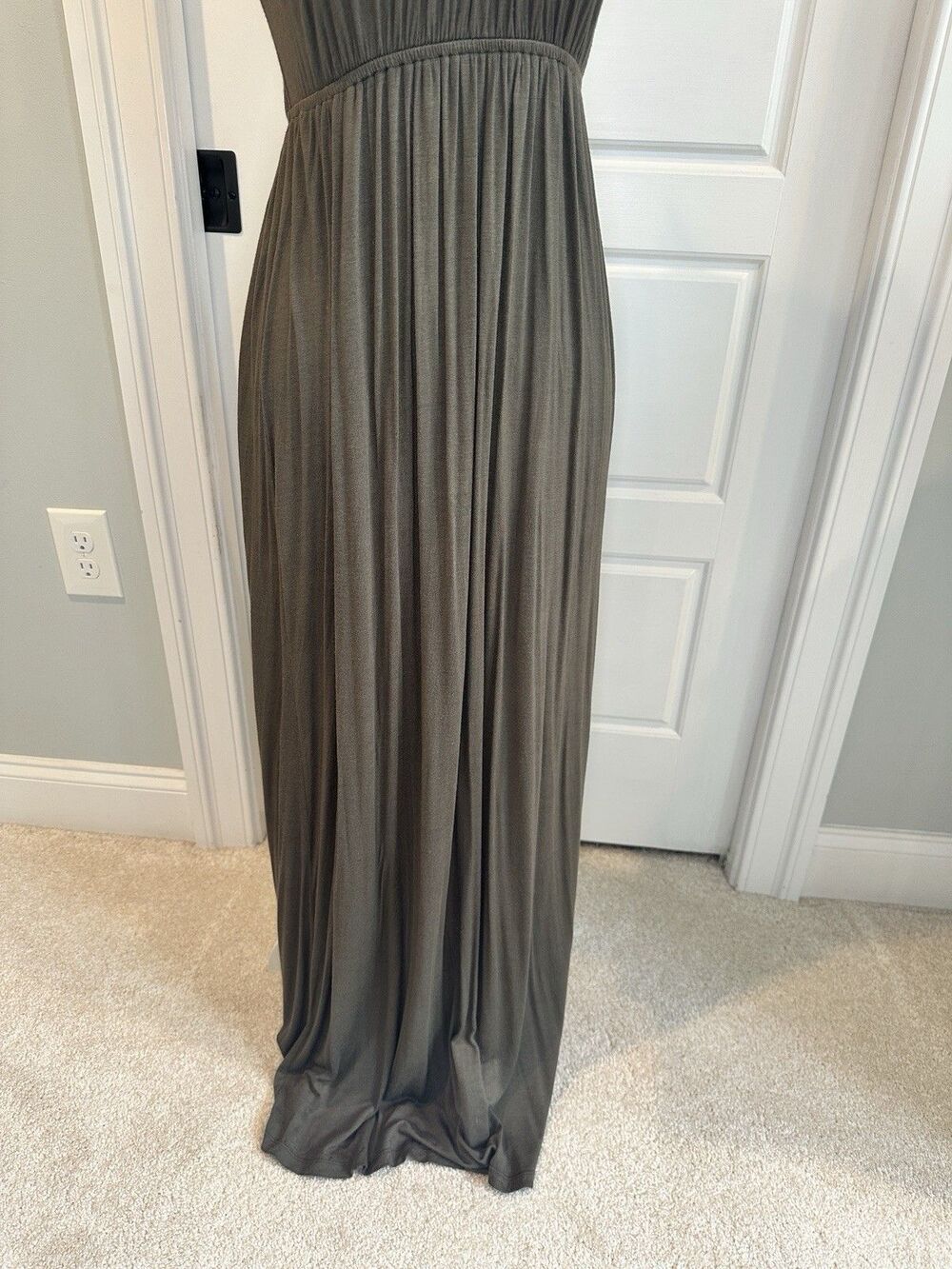 Olive Green Beaded Halter Maxi Dress – Boho Tribal Wood Bead Neckline – Size S - Picture 7 of 7